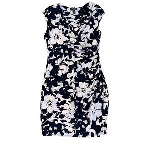 Lauren Ralph Lauren Slinky Stretch Black White Floral Faux‎ Wrap Dress Size 14